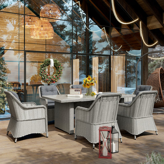 6 Seater Rattan Dining Set with Glass Top Table and Cushions, Grey