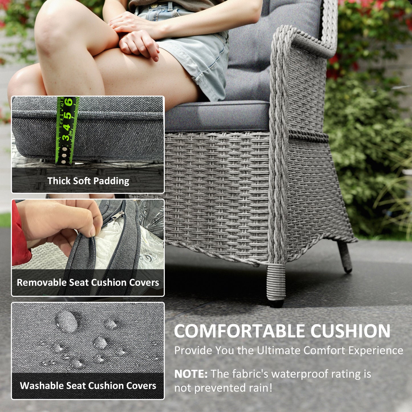 6 Seater Rattan Dining Set with Glass Top Table and Cushions, Grey