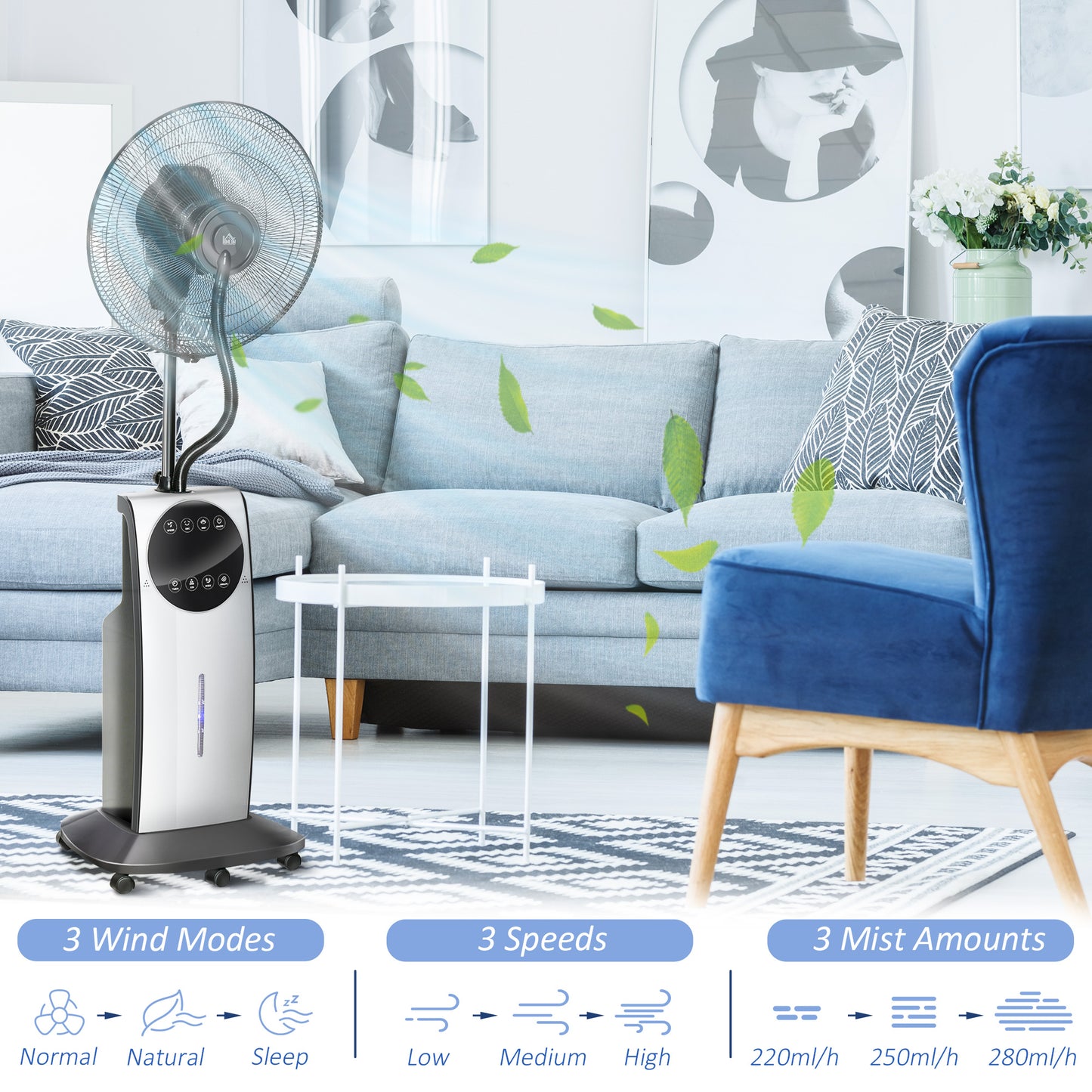 16" Pedestal Fan with Water Mist Spray Standing Fan, 3.1L Tank Black