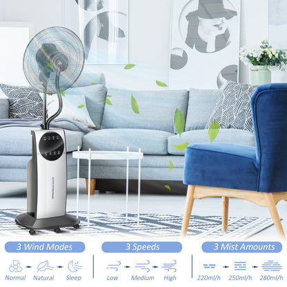 16" Pedestal Fan with Water Mist Spray Standing Fan, 3.1L Tank Black