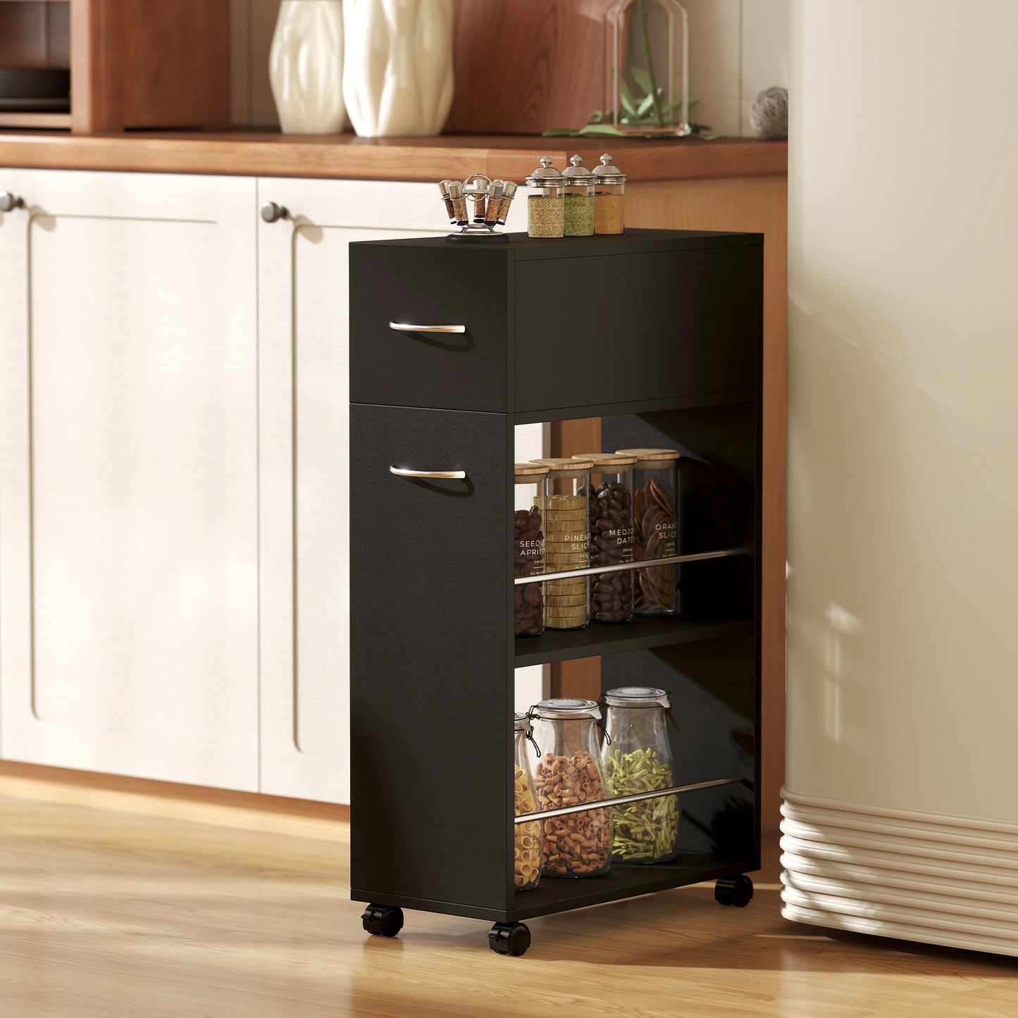 Rolling Storage Unit with Drawer Surface Top and 4 Wheels, Black