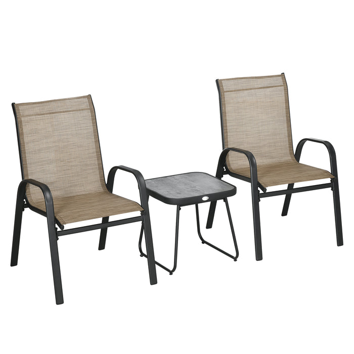 3PCs Bistro Set with Breathable Mesh Fabric Stackable Chairs Brown