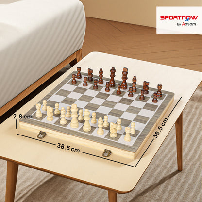 15 Inch Chess Set, Foldable Chess and Draughts Set, Brown