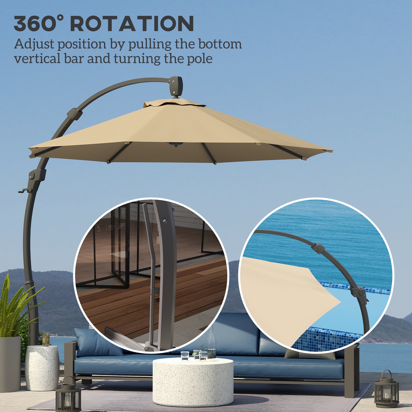 3(m) Garden Cantilever Parasol with Crank Aluminium Frame Khaki