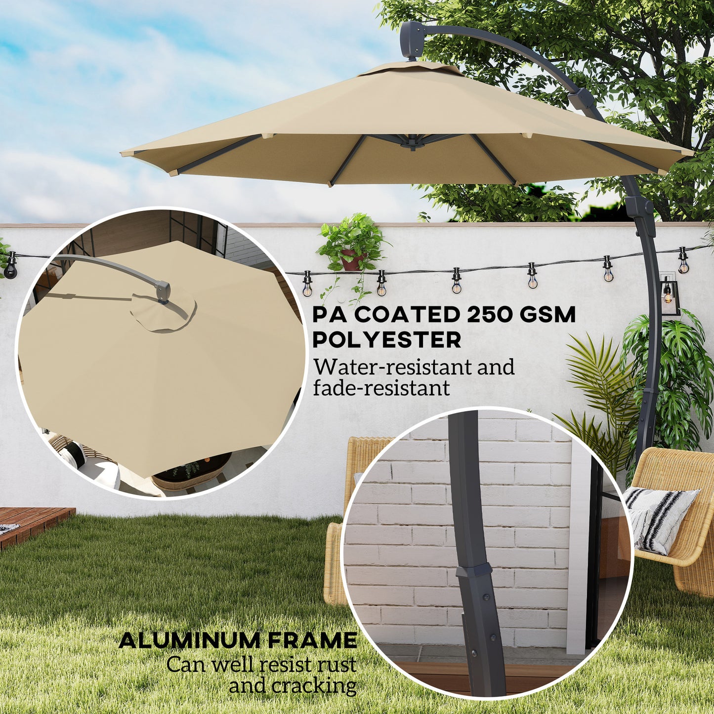 3(m) Garden Cantilever Parasol with Crank Aluminium Frame Khaki