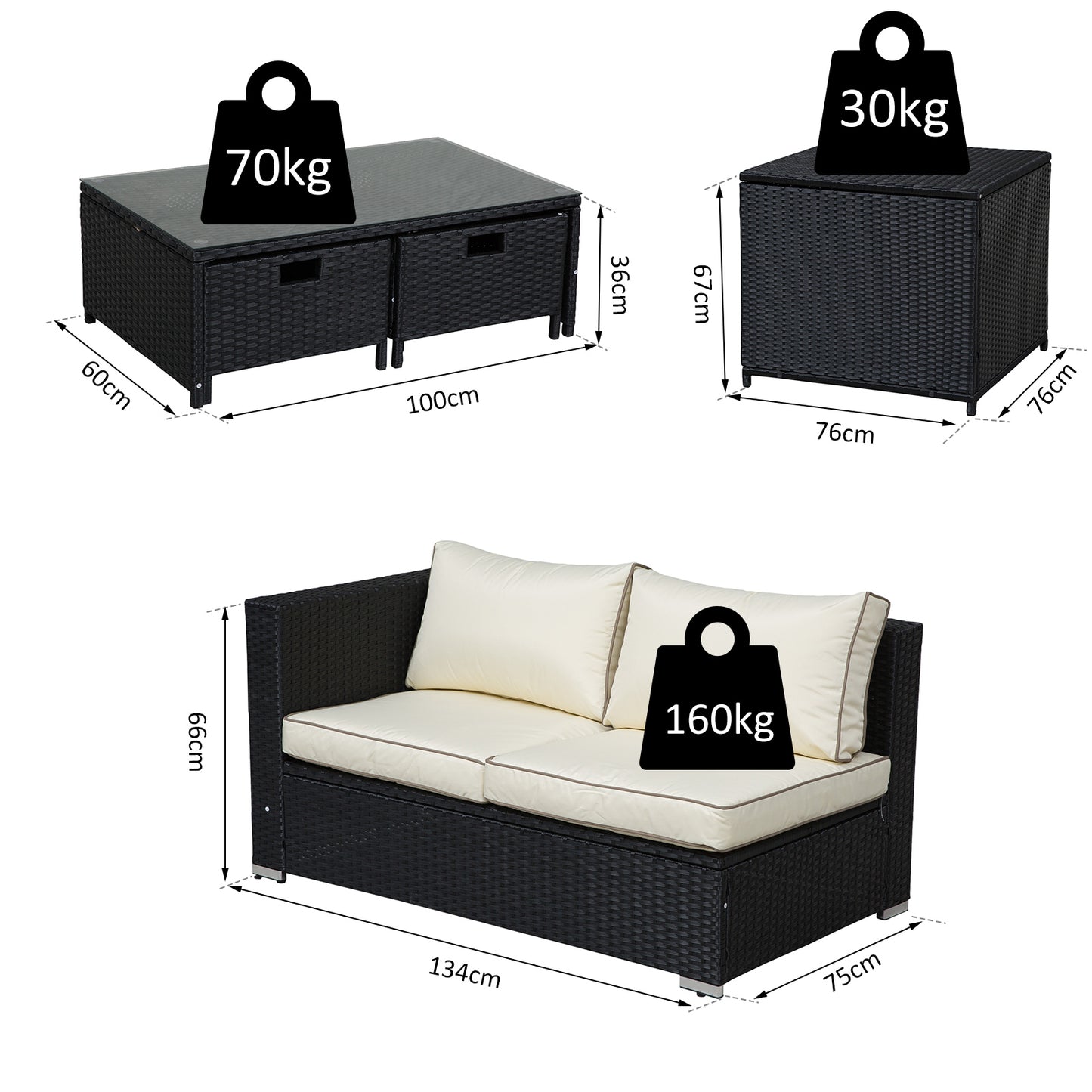 Outsunny 4 Pcs Rattan Wicker Garden Furniture Patio Sofa Storage & Table Set w/ 2 Drawers Coffee Table,Great Cushioned 4 Seats Corner Sofa - Black