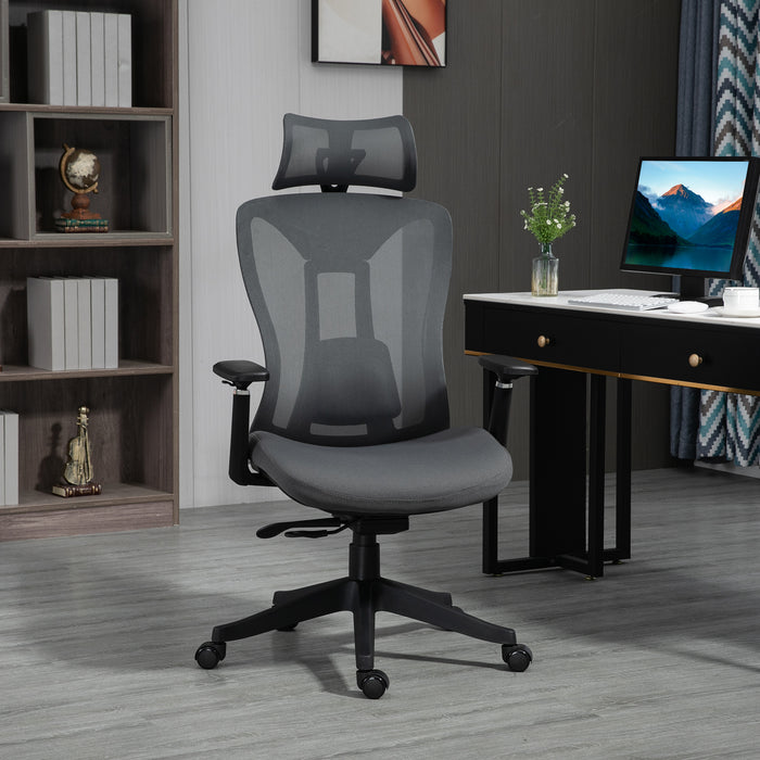 Mesh Office Chair, Reclining Desk Chair with Adjustable Headrest, Lumbar Support, 3D Armrest, Sliding Seat, Swivel Wheels, Grey