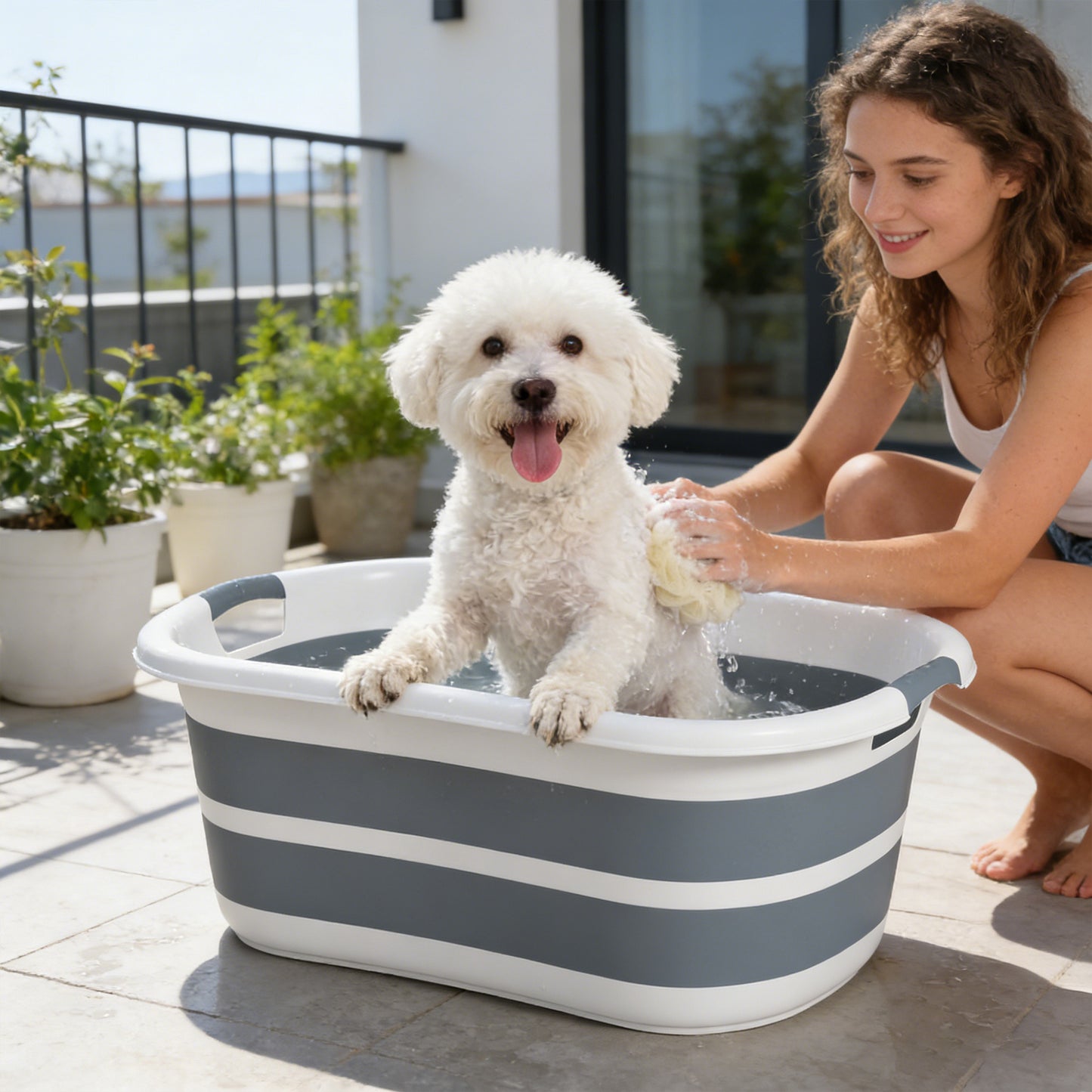 27L Dog Bath Tub Foldable Pet Bathtub with Drain Hole Grey