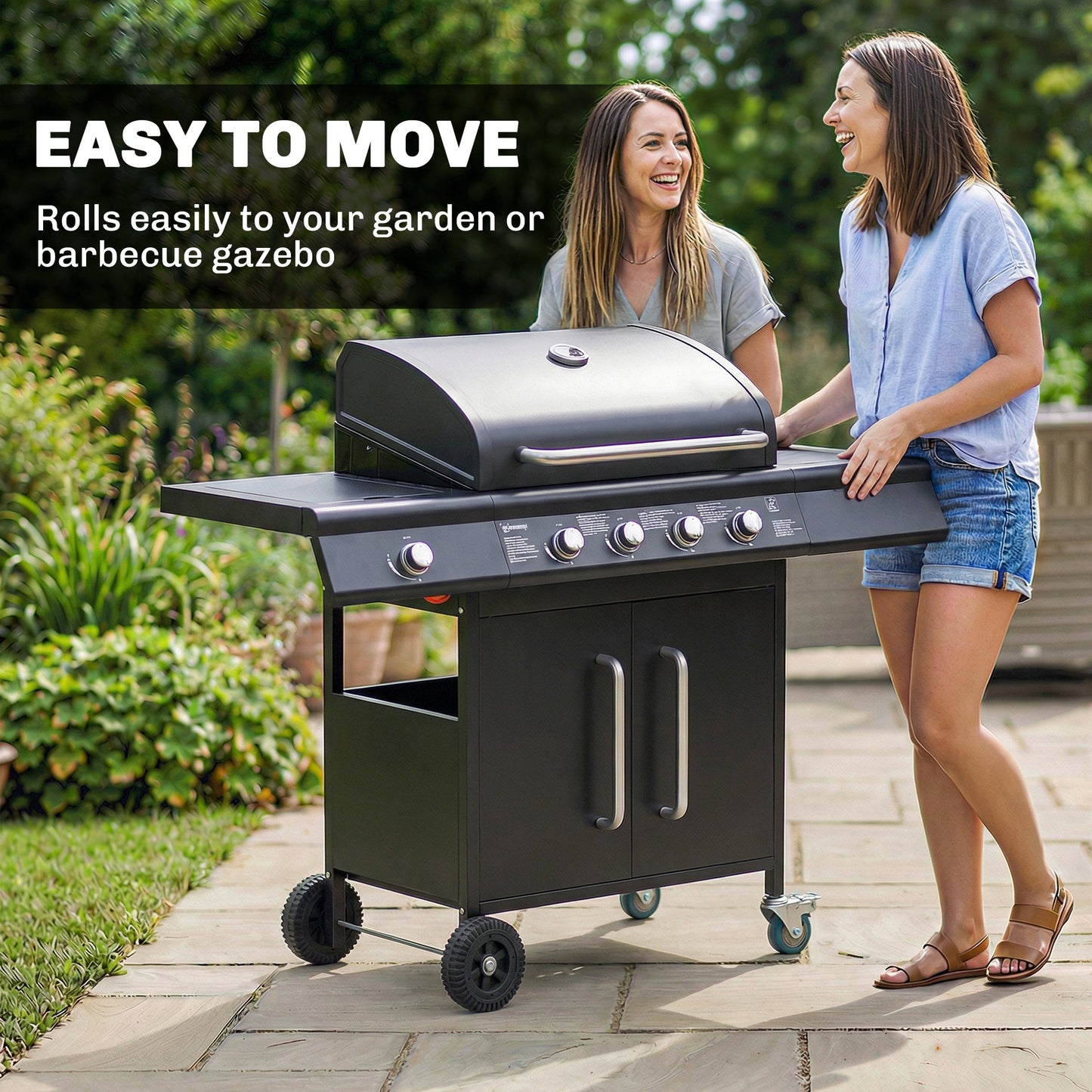 Burner Gas BBQ Grill, Gas Barbecue Trolley with Side Table, Black