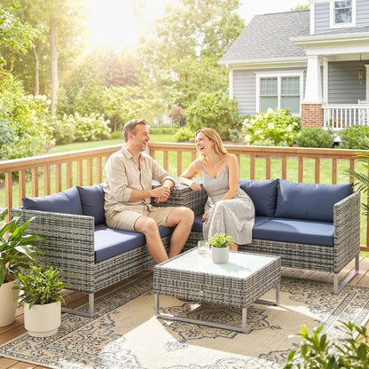 Rattan Garden Furniture Set with Storage Table, Cushions, Dark Blue