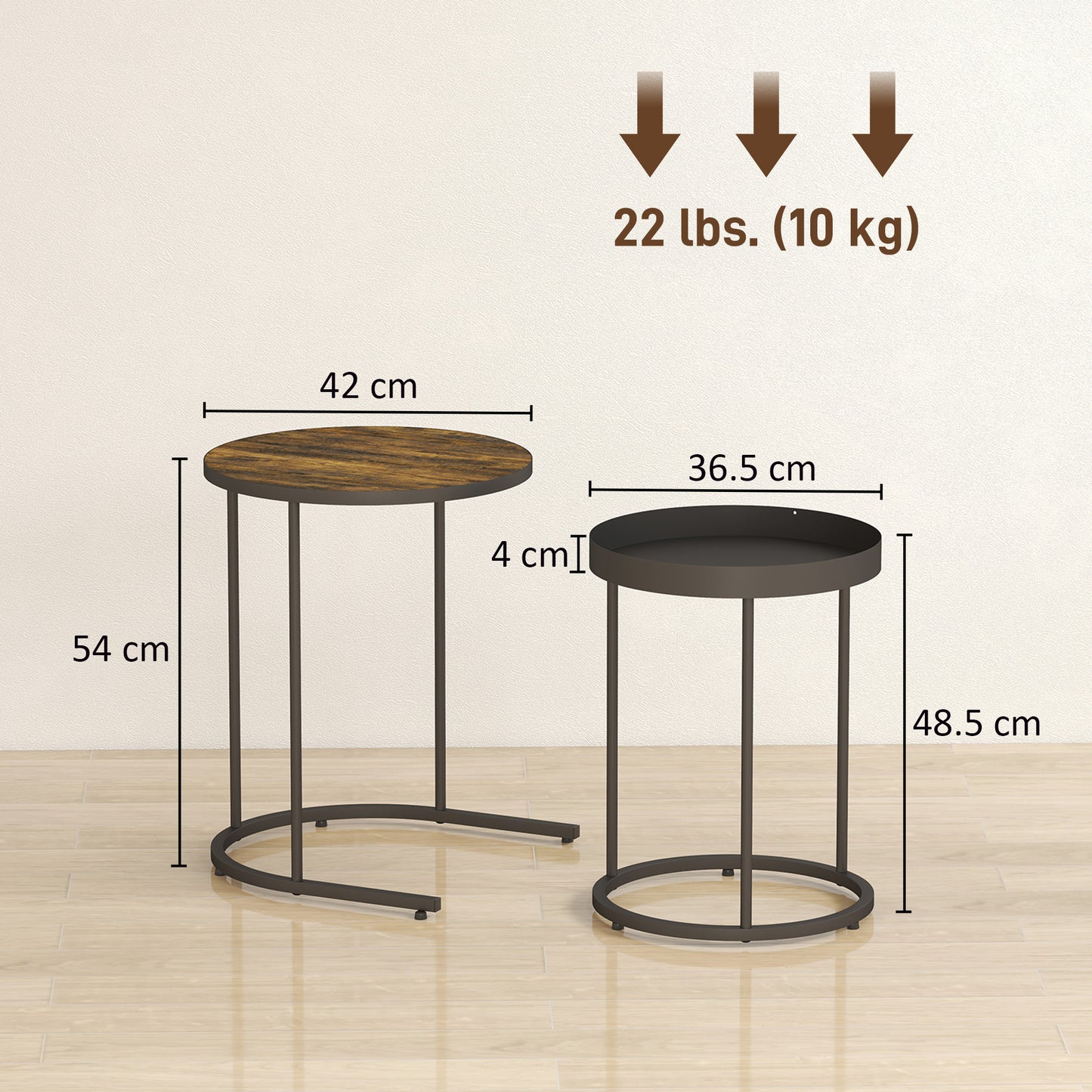 Nesting Side Table Set of 2, Industrial Round Nest of Tables, Brown