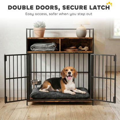 Dog Crate Furniture, Dog Cage with Rotatable Feeding Station