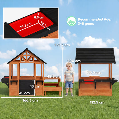 Wooden Playhouse for Kids with Table and Benches for Age 3-8, Brown