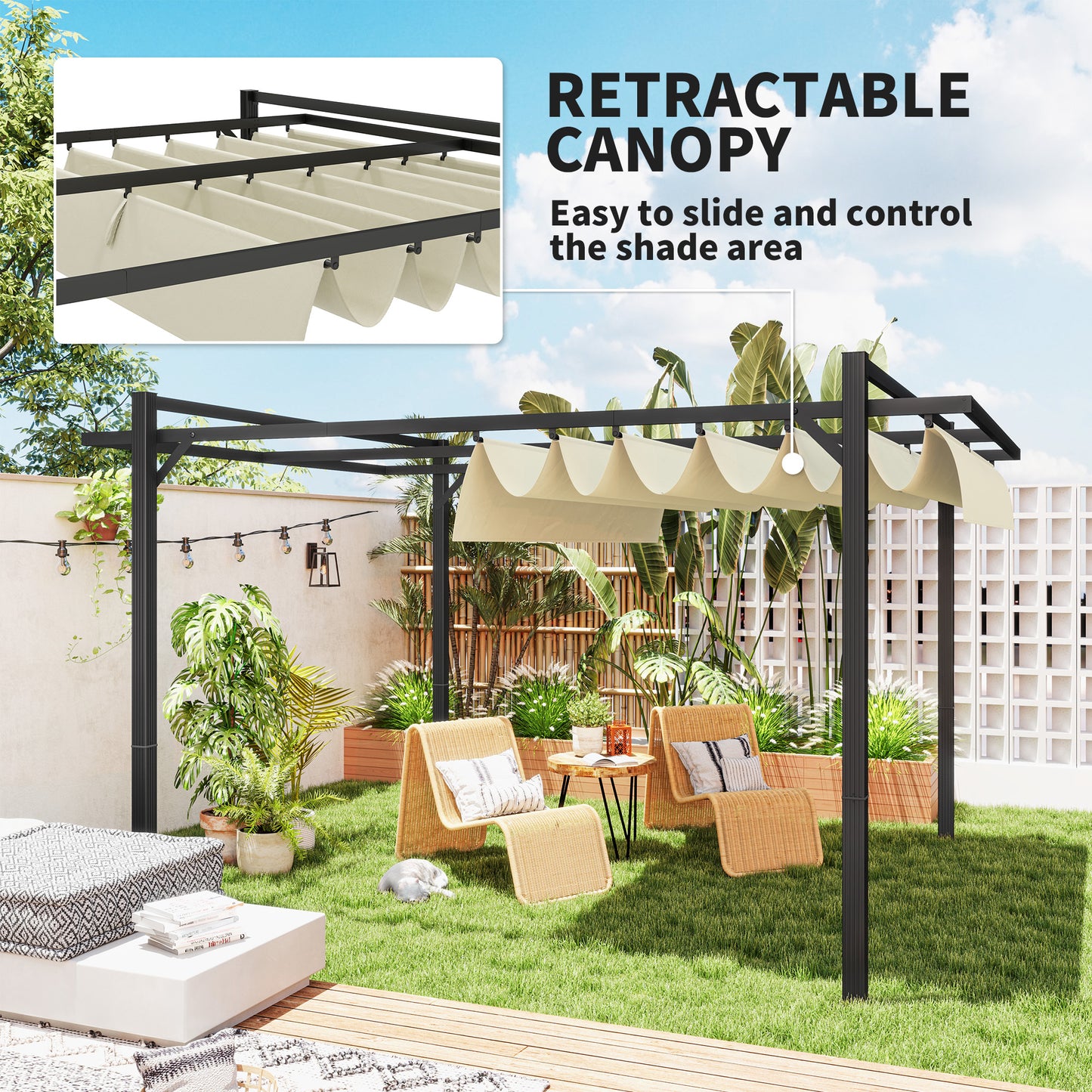 3 x 4m Pergola with Retractable Roof and Aluminium Frame, Khaki
