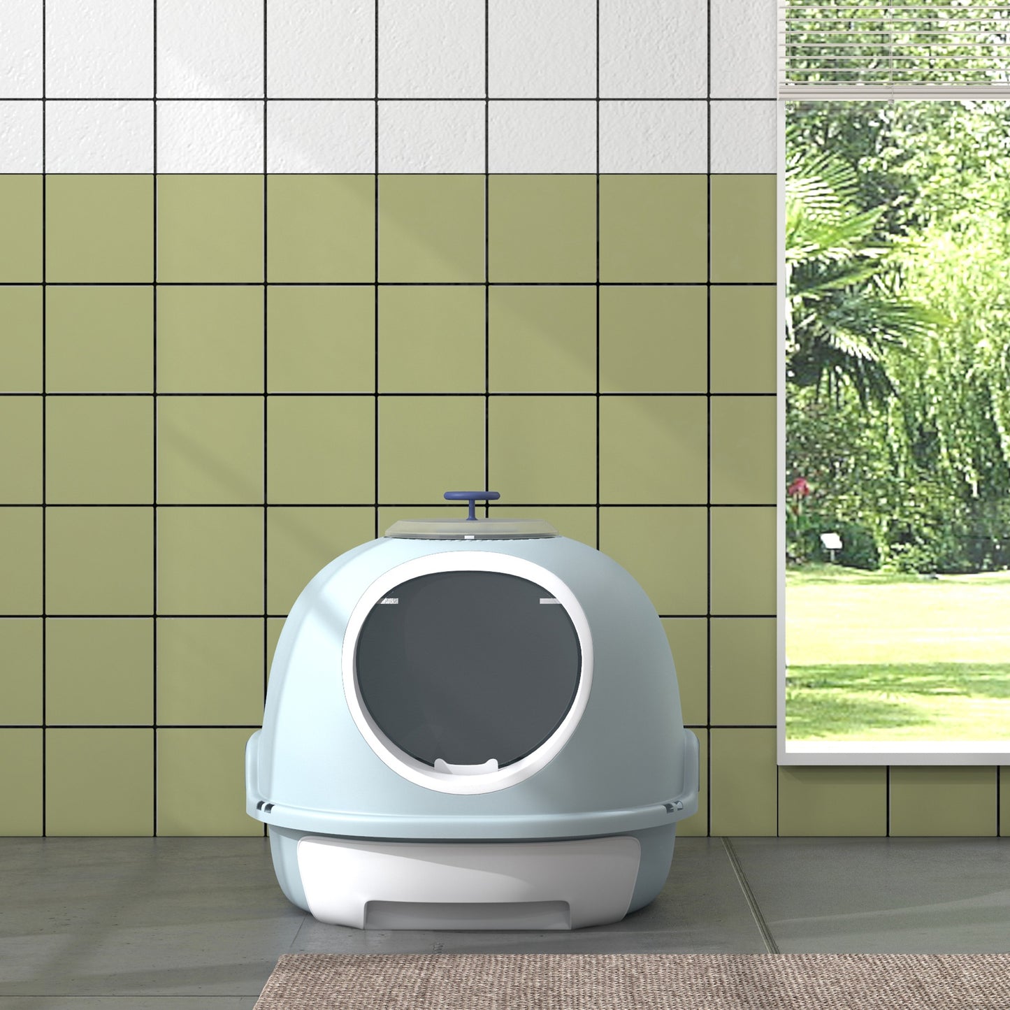 Cat Litter Box Toilet With Litter Scoop Enclosed Drawer Skylight Easy To Clean Blue