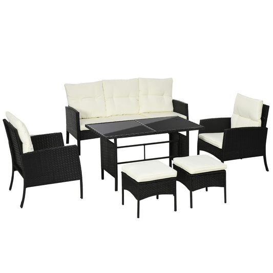 5 Seater Rattan Garden Furniture Set Wicker Armchairs Footstools and Glass Table Patio Rattan  Sets with Cushions, Black