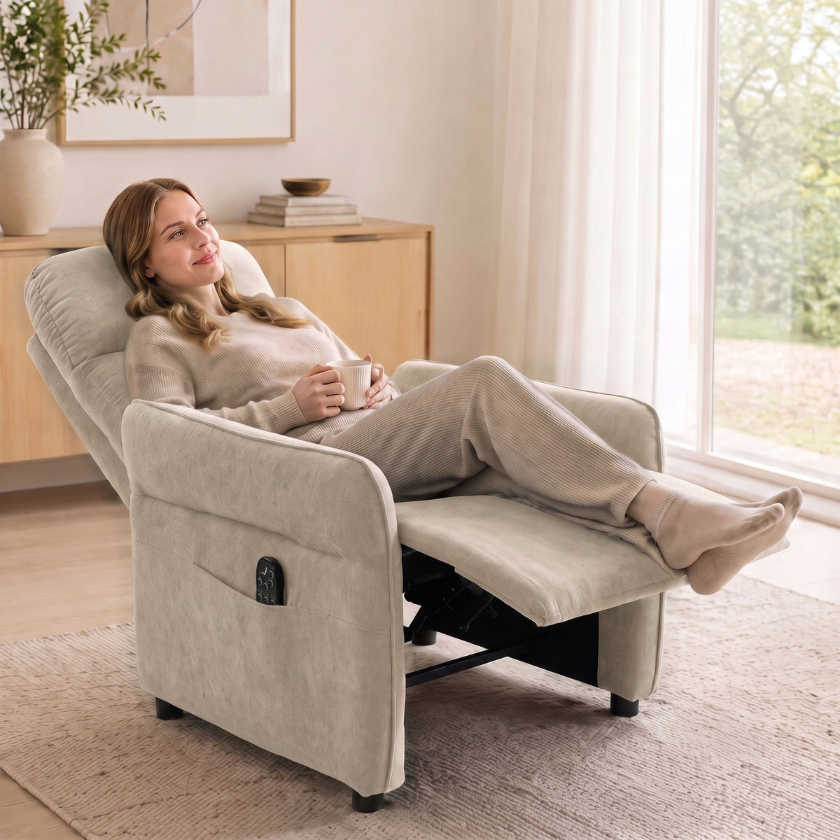 Recliner Armchair, Manual Recliner Chair, Massage & Heat, Beige