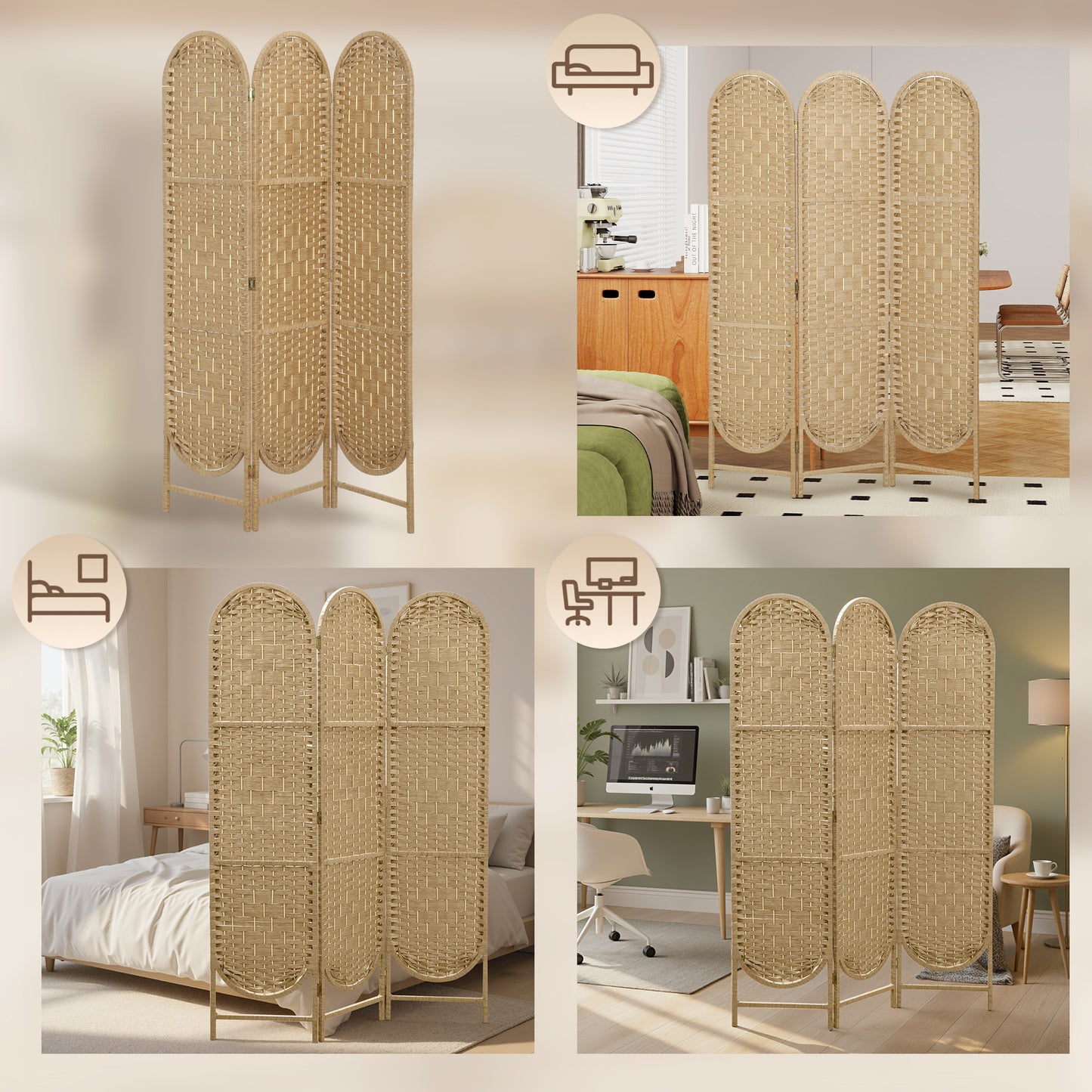 3-Panel Folding Freestanding Privacy Screen, Natural Wood Finish
