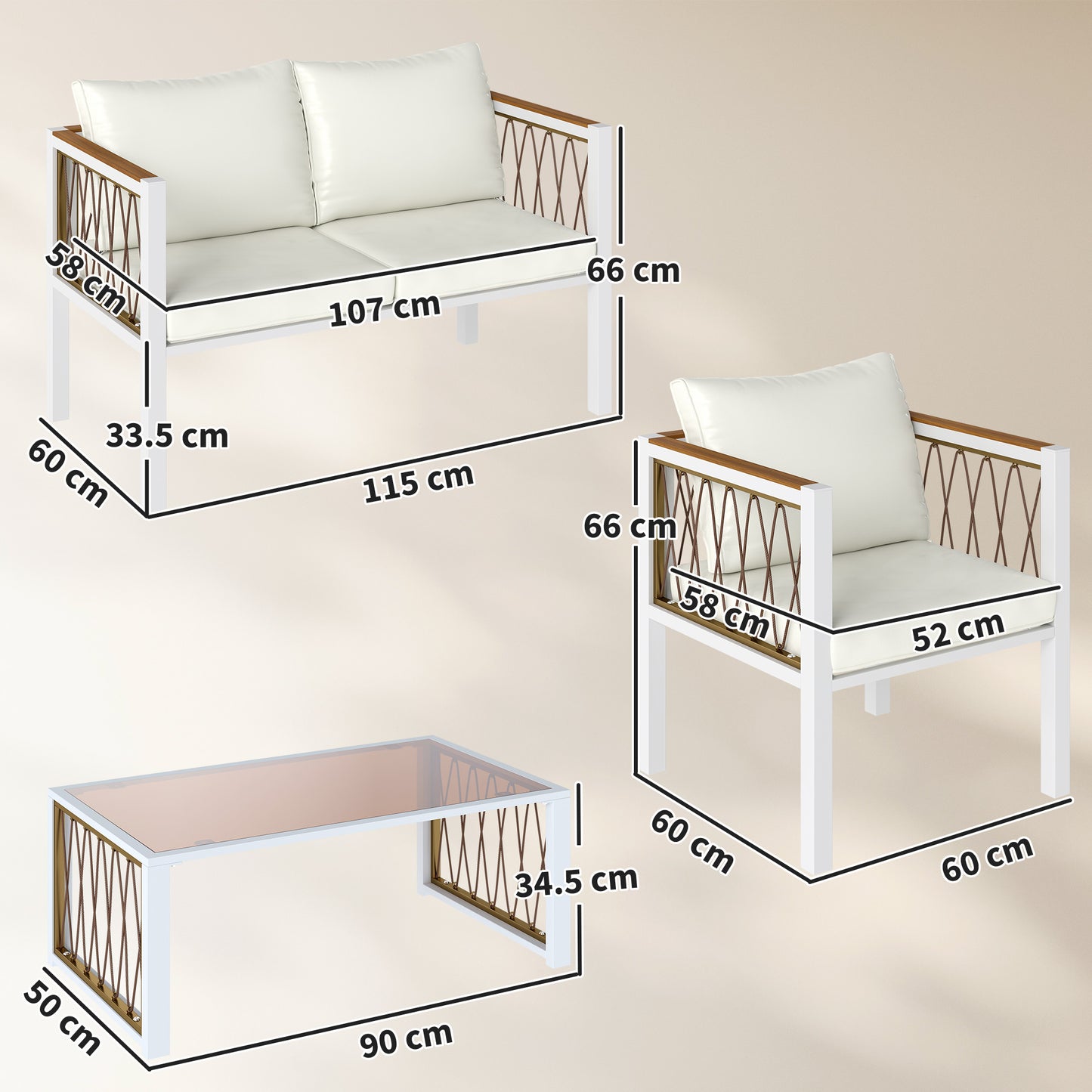 4 Seater Rattan Garden Furniture Set with Metal Frame, Cream White