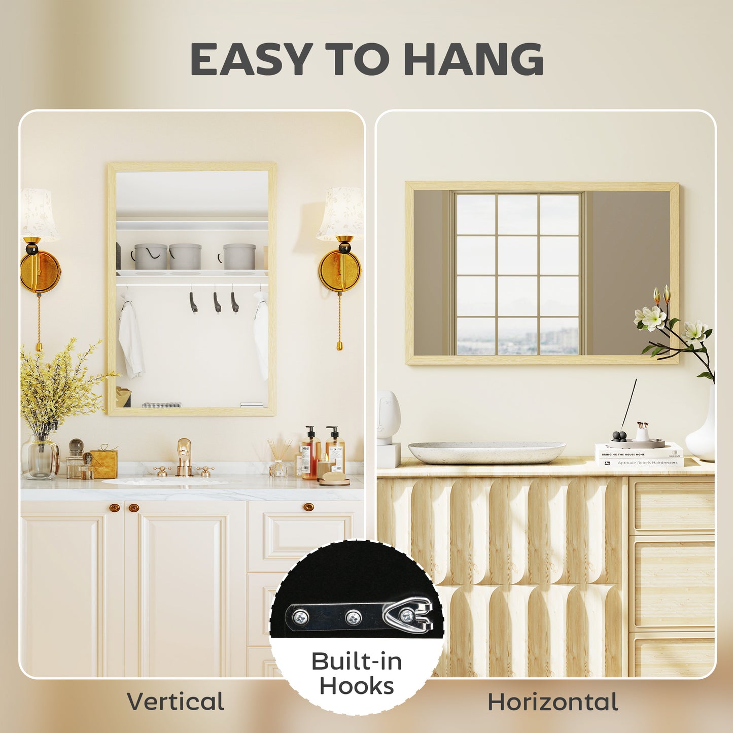 60x40cm Wall Bathroom Mirror for Home Decor, Vanity Mirror, Natural