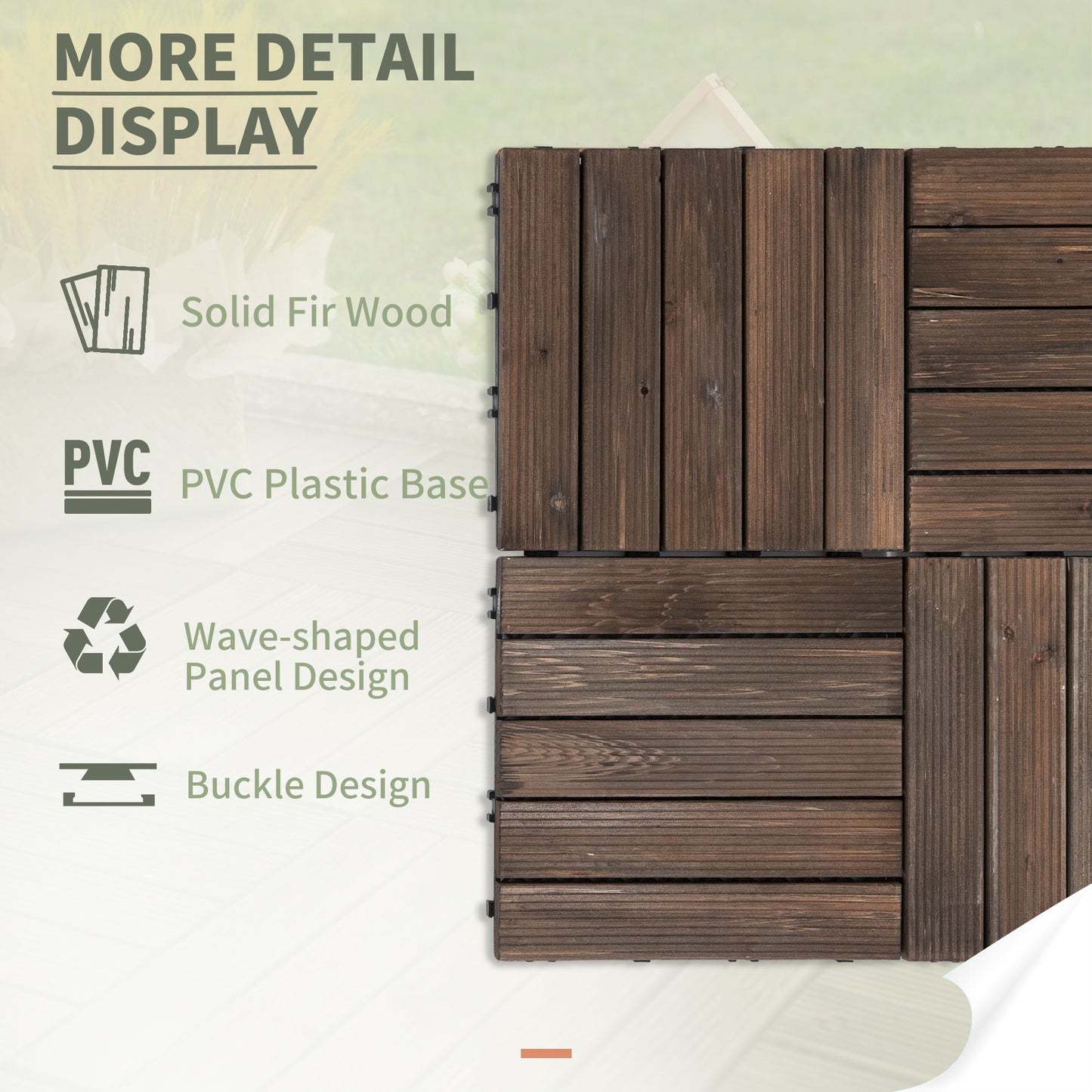 27 Pcs Solid Wood Interlocking Decking Tiles For Patio, Balcony, Roof Terrace, Hot Tub, Black, (30 x 30 cm Per Piece)