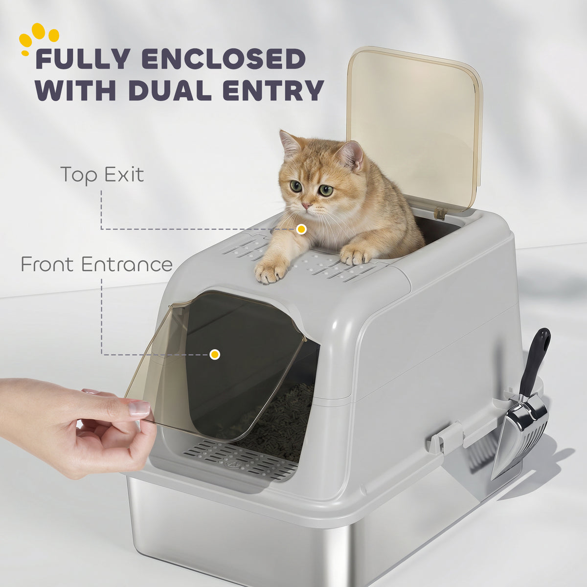 Stainless Steel Litter Box, Enclosed Metal Litter Tray with Scoop
