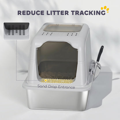 Stainless Steel Litter Box, Enclosed Metal Litter Tray with Scoop