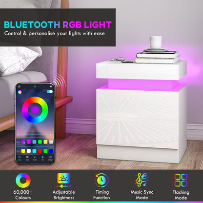 High Gloss Front Bedside Table, APP Control Nightstand with RGB LED Light and 2 Drawers, Chest of Drawers for Bedroom, Living Room, Set of 2, White