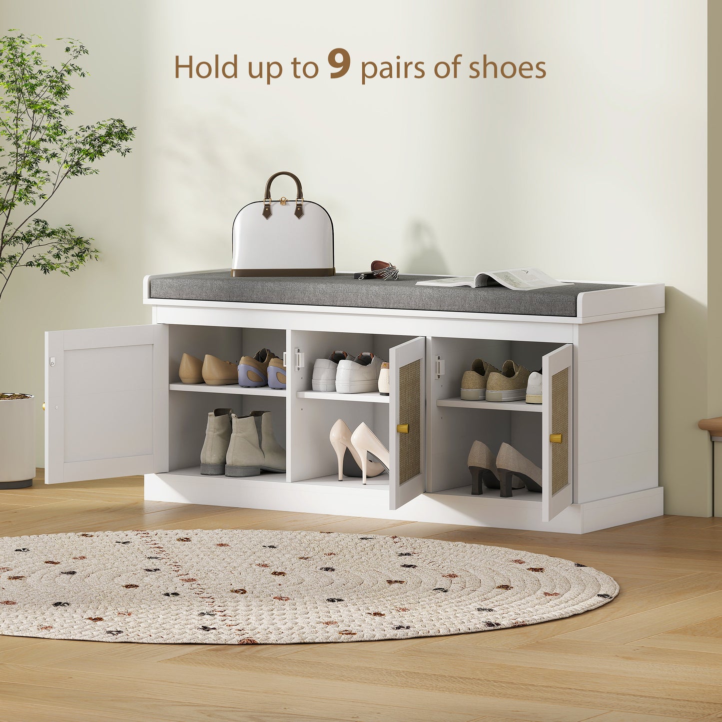 Shoe Storage Bench with Rattan Doors, Cushion, Entryway Shoe Bench