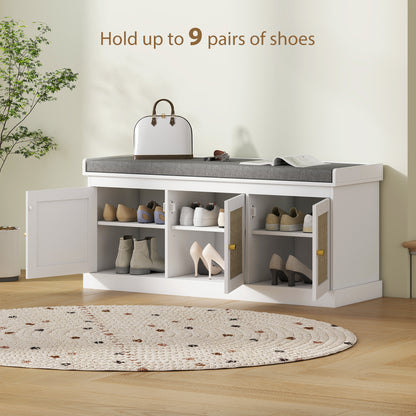 Shoe Storage Bench with Rattan Doors, Cushion, Entryway Shoe Bench
