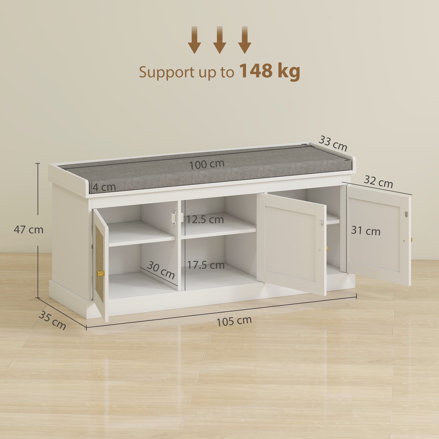 Shoe Storage Bench with Rattan Doors, Cushion, Entryway Shoe Bench