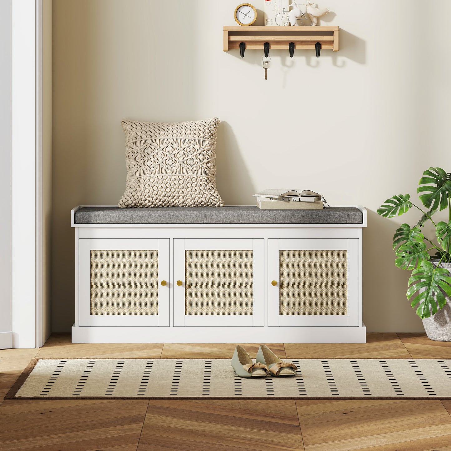 Shoe Storage Bench with Rattan Doors, Cushion, Entryway Shoe Bench