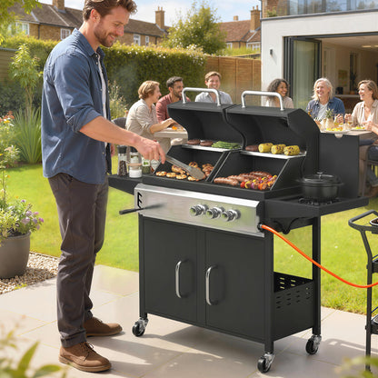 3 Burner Hybrid Dual Fuel BBQ Gas Grill with Side Burner, Black