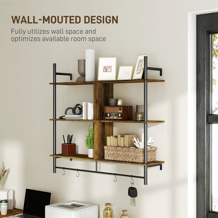 Wall Shelf Unit with 4 Hooks for Living Room Rustic Brown