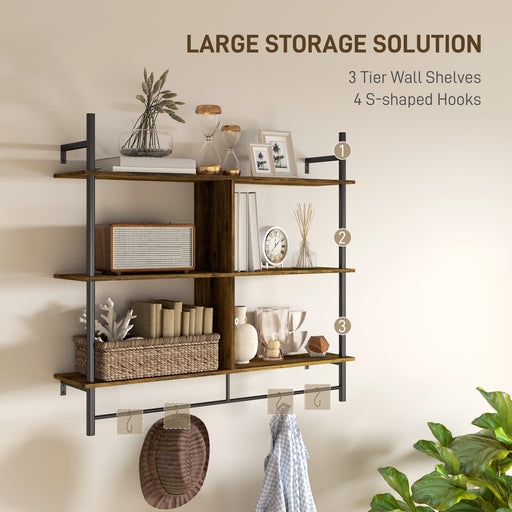 Wall Shelf Unit with 4 Hooks for Living Room Rustic Brown