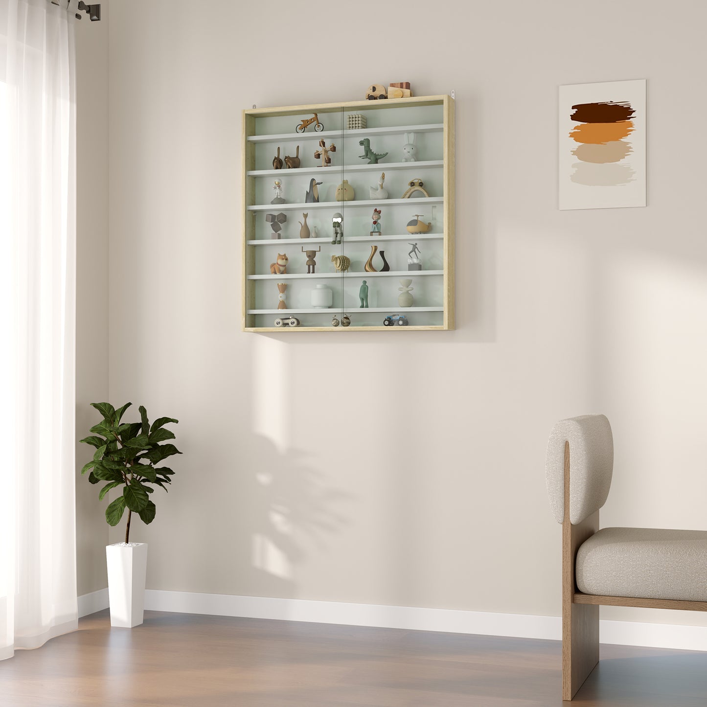 7-Tier Wall Display Cabinet w/ Shelves Glass Doors, Oak