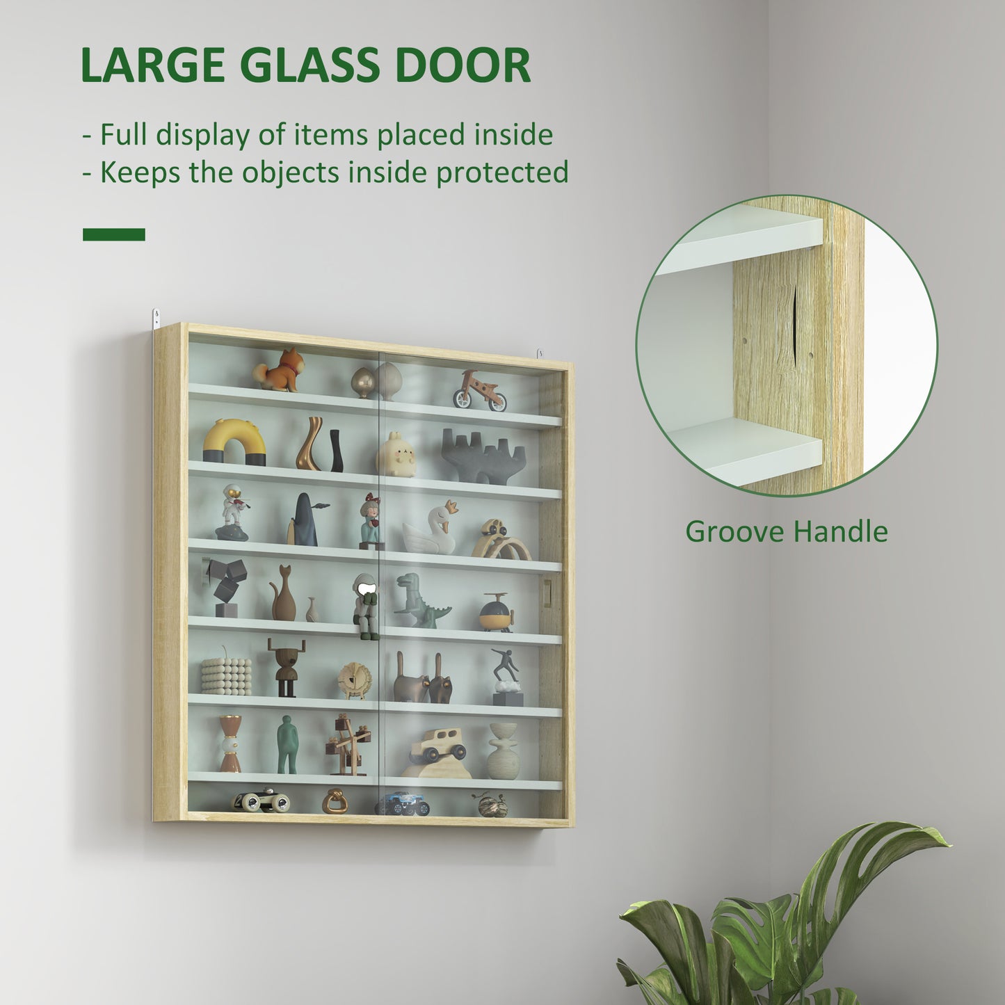 7-Tier Wall Display Cabinet w/ Shelves Glass Doors, Oak