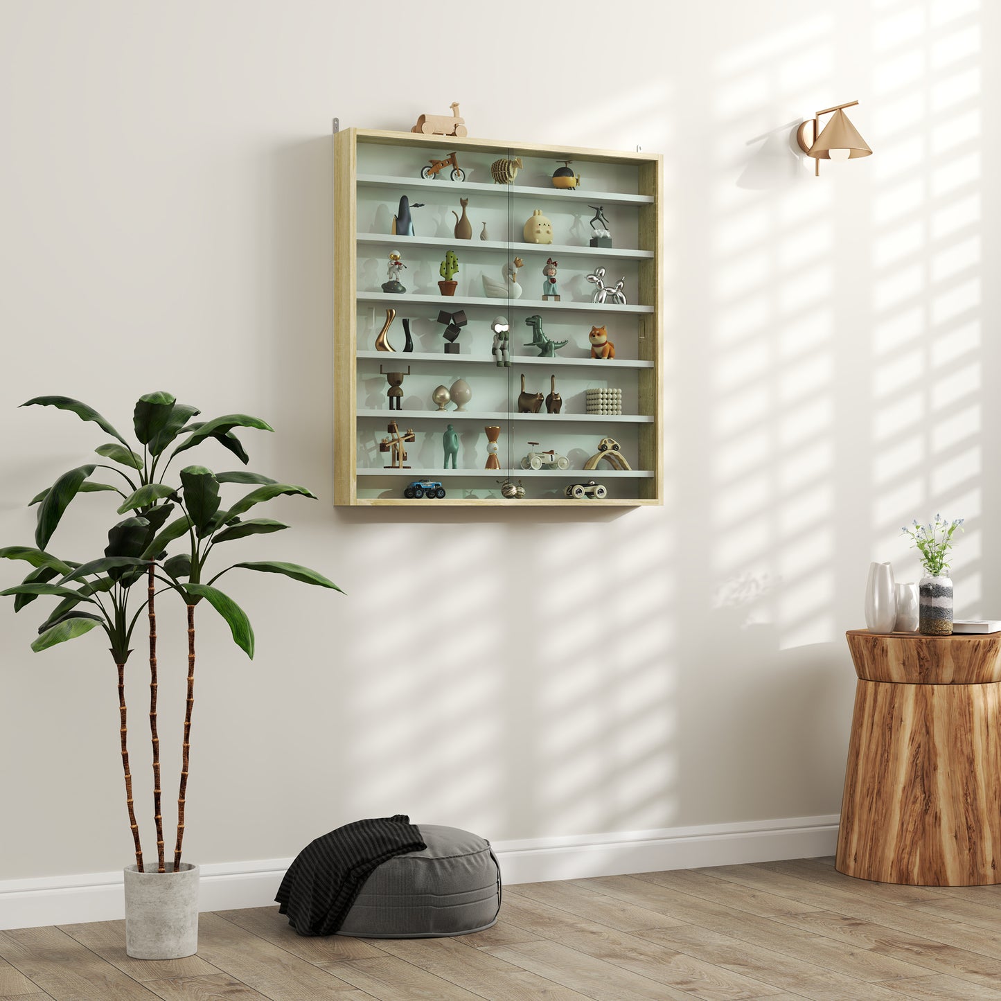 7-Tier Wall Display Cabinet w/ Shelves Glass Doors, Oak