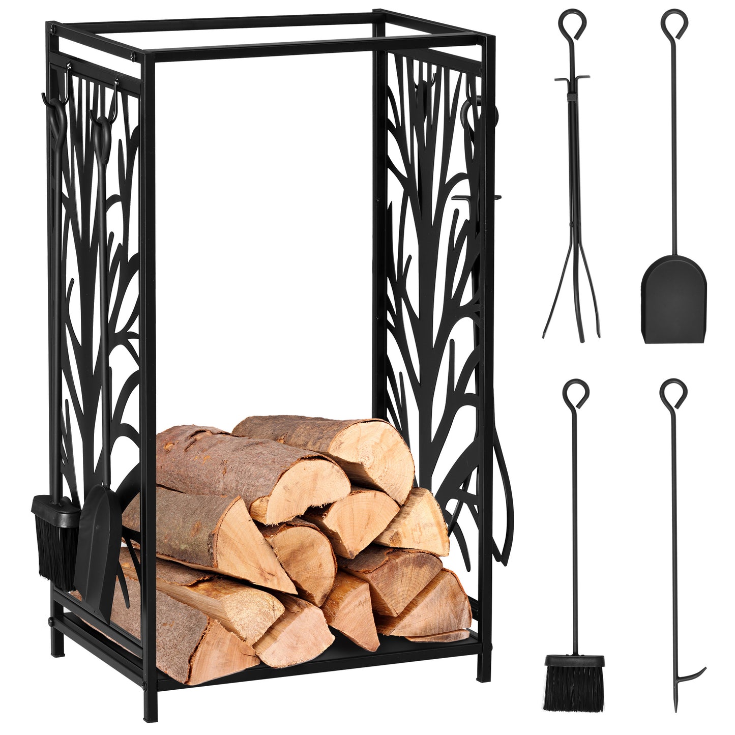 Steel Firewood Log Holder Indoor Outdoor Firewood Rack Fireplace Wood Storage Shelf with 4 Tools, Hooks, Tree Pattern Design, Rust-Resistant, Black, 46W x 30D x 70H cm