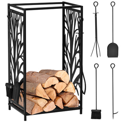 Steel Firewood Log Holder Indoor Outdoor Firewood Rack Fireplace Wood Storage Shelf with 4 Tools, Hooks, Tree Pattern Design, Rust-Resistant, Black, 46W x 30D x 70H cm