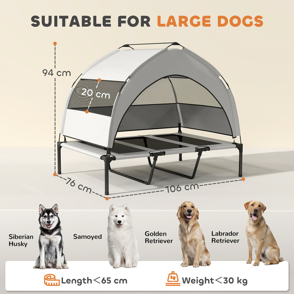 Portable Elevated Dog Bed with Removable Canopy, 106 x 76 x 94 cm