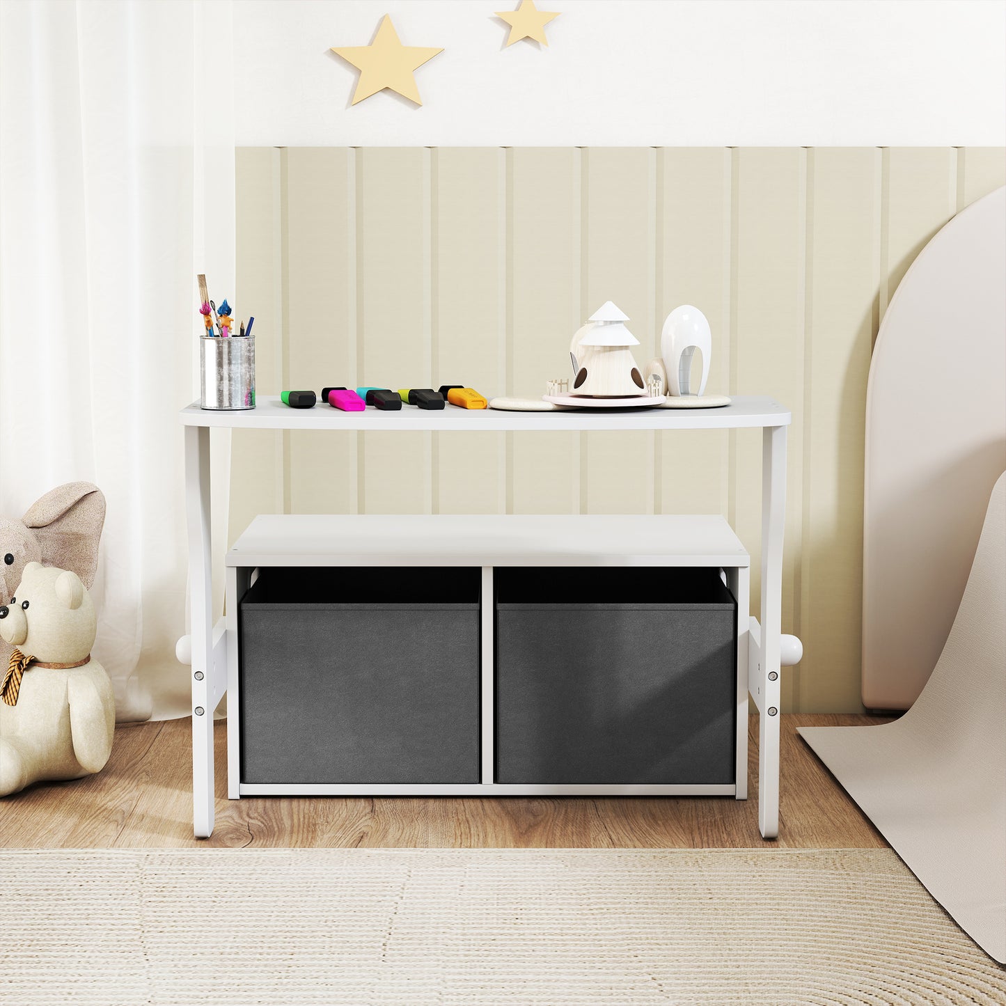 3 in 1 Kids Storage Bench, Toddler Table and Chair Set, White