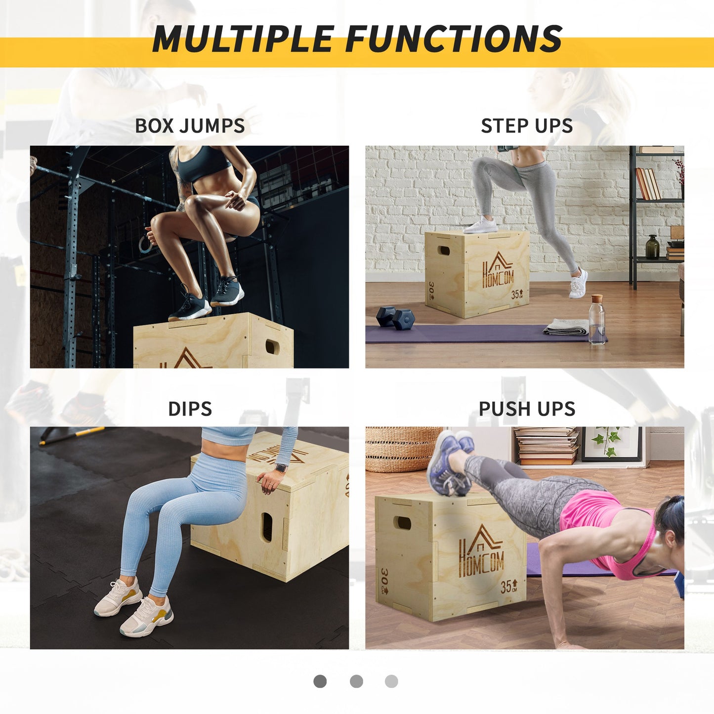 3-in-1 Wooden Plyo Box, Plyometric Jump Box with Handle Openings for Home Gym, Workout Training, 12" x 14" x 16", Natural