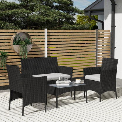 4 Piece Rattan Garden Furniture Sofa Set with Cushions, Black