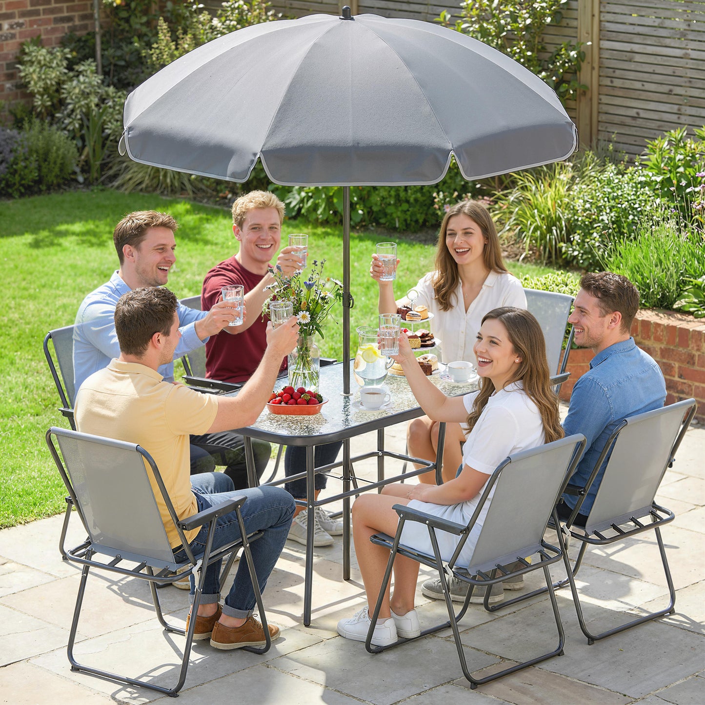 8 Piece Garden Dining Set with 6 Folding Chairs and Umbrella, Grey