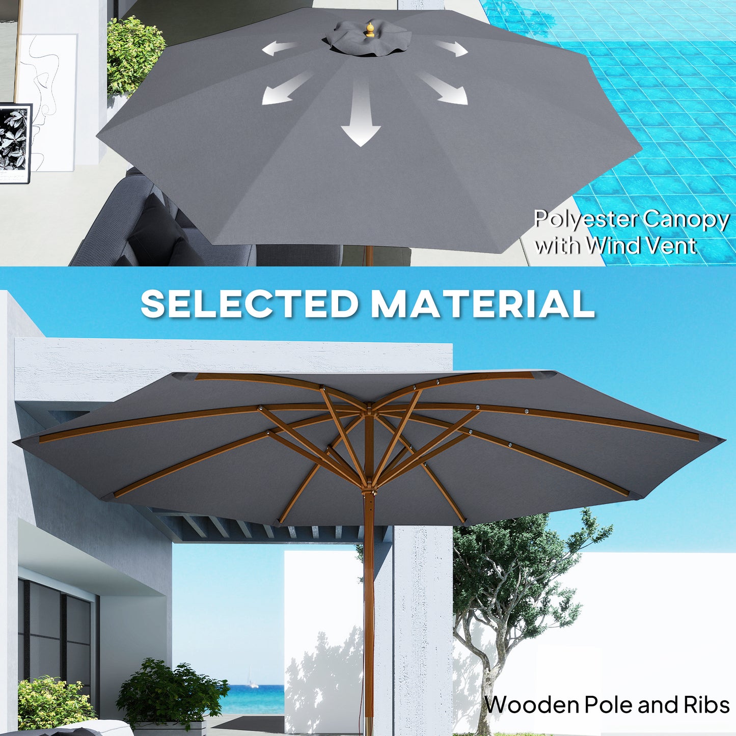 Wooden Garden Parasol with Rope Pulley Mechanism, Dark Grey