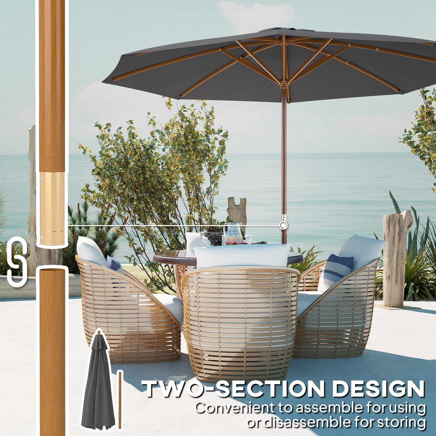 Wooden Garden Parasol with Rope Pulley Mechanism, Dark Grey