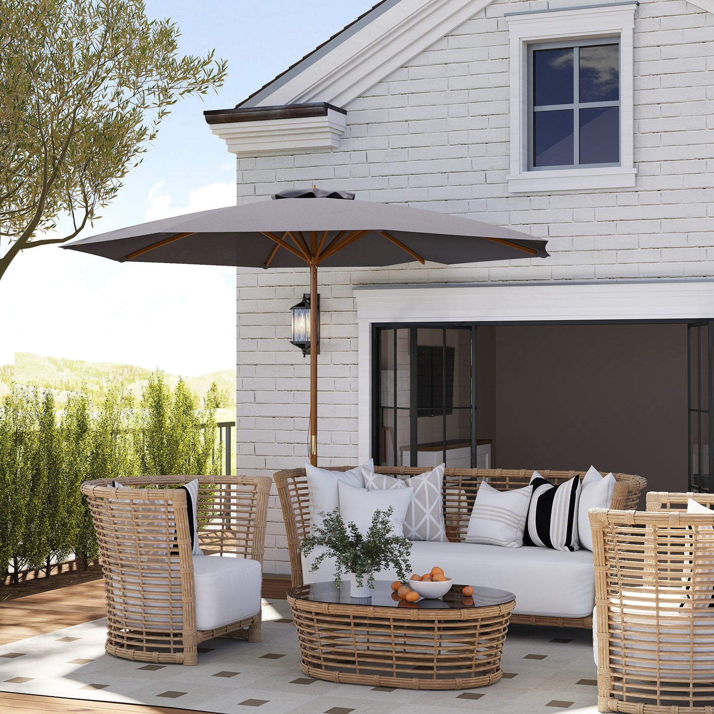 Wooden Garden Parasol with Rope Pulley Mechanism, Dark Grey