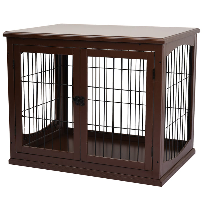 66cm Modern Indoor Pet Cage w/ Metal Wire 3 Doors Latches Base Small Animal House Tabletop Crate Decorative Stylish Brown