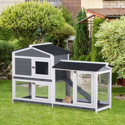 2-Tier Wooden Rabbit Hutch Guinea Pig House Pet Cage Outdoor w/ Tray Ramp